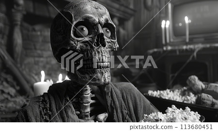 skeleton with popcorn watching TV skeleton with popcorn watching TV 113680451