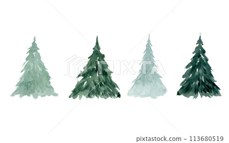 Fir trees sketches and silhouettes in simple style watercolor illustration set for Christmas and New Year designs or winter holidays horizontal banner and landscapes 113680519
