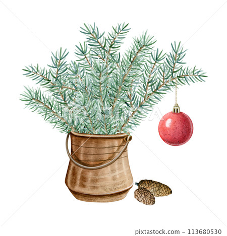 Fir branches with red Christmas ball ornament and pine cones in metal pot watercolor illustration isolated on white background. Hand drawn green spruce tree with hanging decoration for winter holidays Fir branches with red Christmas ball ornament and pine cones in metal pot watercolor illustration isolated on white background. Hand drawn green spruce tree with hanging decoration for winter holidays 113680530