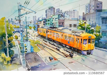 火車穿越城市的風景(水彩畫) 火車穿越城市的風景(水彩畫) 113680567