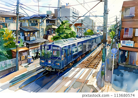 Scenery of a train running through the city (watercolor painting) 113680574