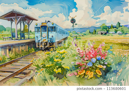 火車穿過鄉村的風景(水彩畫) 火車穿過鄉村的風景(水彩畫) 113680601