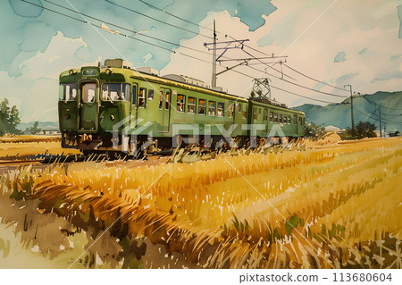 Landscape of a train running through the countryside (watercolor) 113680604