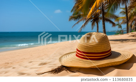 沙上戴著草帽的熱帶海灘 沙上戴著草帽的熱帶海灘 113680835