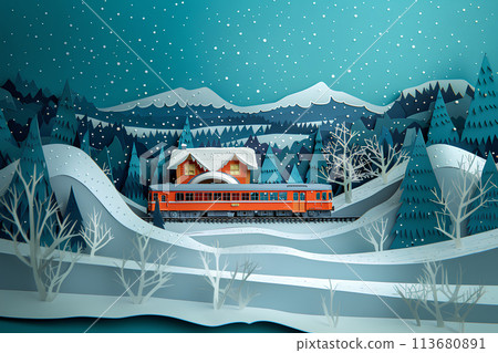 Scenery of a train running through a mountainous area in winter (diorama style) 113680891