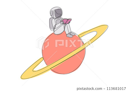 Single one line drawing astronaut sitting on the planet Saturn. Read about the natural conditions of outer space planets. Adaptation. Book festival concept. Continuous line design graphic illustration Single one line drawing astronaut sitting on the planet Saturn. Read about the natural conditions of outer space planets. Adaptation. Book festival concept. Continuous line design graphic illustration 113681017
