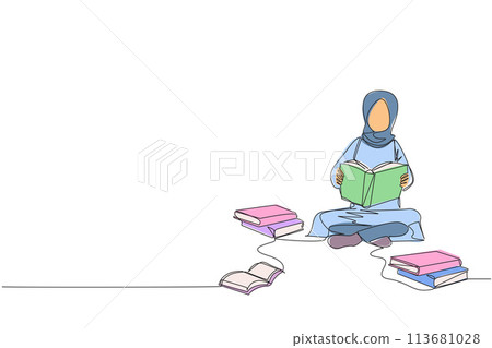 Continuous one line drawing Arabian woman really likes reading. Everyday one book is read. Good habit. There is no day without reading book. Book festival concept. Single line draw vector illustration 113681028
