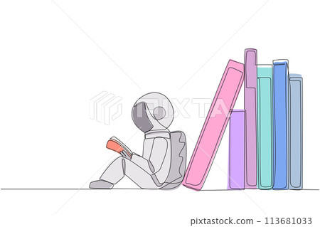 Single continuous line drawing astronaut reading sitting leaning against pile of books. Habit of reading book every day. Library. Good habit. Book festival concept. One line design vector illustration 113681033