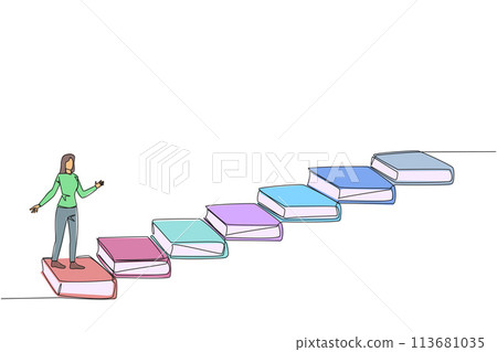 Continuous one line drawing woman climb stairs from books. Reading increases knowledge which can increase the dignity of a better life. Book festival concept. Single line design vector illustration 113681035
