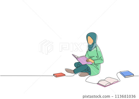 Continuous one line drawing Arabian woman sitting relax in library reading lot of books. Looking for answers to assignments. Hobby reading. Book festival concept. Single line draw vector illustration 113681036