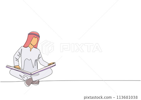 Single continuous line drawing Arab man sit down and put reading book on feet. Interesting to read the complete geographic map. Eliminate curiosity. Book festival. One line design vector illustration 113681038