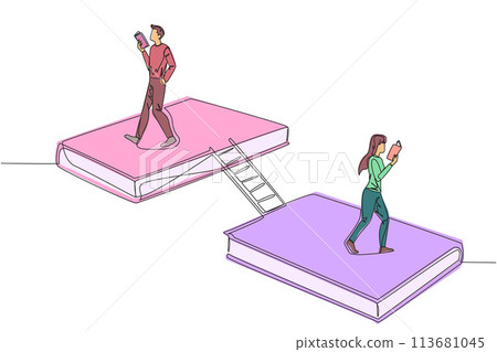 Continuous one line drawing man woman walking on books. Book exhibition concept. Display many books, from scientific books to fiction story books. Book festival. Single line design vector illustration 113681045
