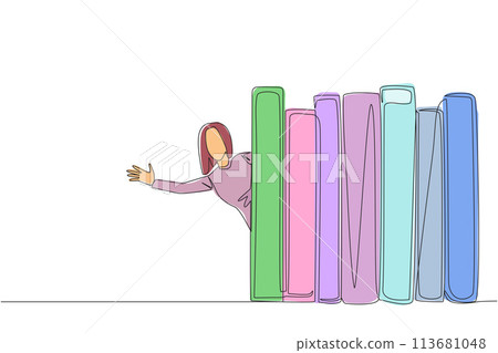 Single one line drawing a woman appears from behind a row of books. Invitation to read books at the library. Like to reading a book. Book festival concept. Continuous line design graphic illustration 113681048