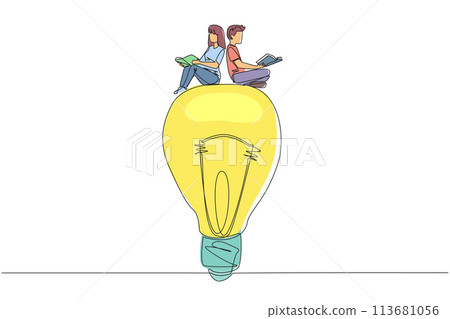 Continuous one line drawing people sitting on big lightbulb. Read with focus and serious. Metaphor looking for brilliant idea from scientific books. Book festival. Single line draw vector illustration 113681056