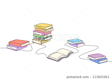 Single continuous line drawing book space festival filled with lots of books. A useful book as a companion for expeditions in space. Explore all of space. Galaxy. One line design vector illustration Single continuous line drawing book space festival filled with lots of books. A useful book as a companion for expeditions in space. Explore all of space. Galaxy. One line design vector illustration 113681061