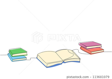 Single one line drawing books are scattered and open during the exhibition. Interested in books about space. Extensive galactic knowledge. Book festival. Continuous line design graphic illustration 113681079