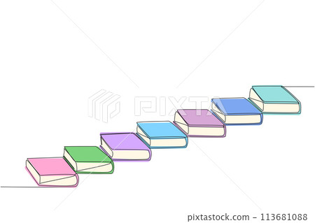 Single one line drawing stack books that act as stairs. The metaphor of a book can raise the level of the person who reads it. Book festival outer space. Continuous line design graphic illustration Single one line drawing stack books that act as stairs. The metaphor of a book can raise the level of the person who reads it. Book festival outer space. Continuous line design graphic illustration 113681088