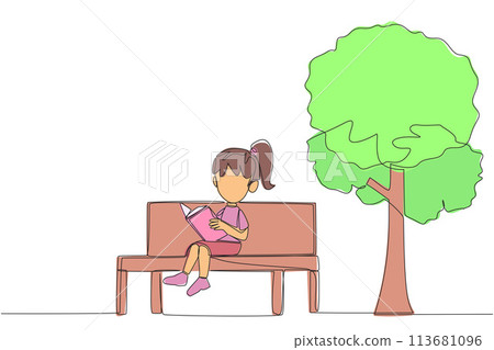 Single continuous line drawing girl sitting on school park bench reading book. Learn by re-reading textbook. Read to get maximum marks. Reading increase insight. One line design vector illustration 113681096