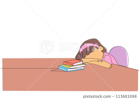 Single one line drawing girl asleep at the table where there were piles of books. Tired after successfully finishing the favorite reading book. Love read. Continuous line design graphic illustration Single one line drawing girl asleep at the table where there were piles of books. Tired after successfully finishing the favorite reading book. Love read. Continuous line design graphic illustration 113681098