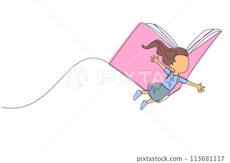 Single one line drawing the brave girl flying with wings that come from an open big book. Metaphor carried away with the storyline. Constructive fantasy. Continuous line design graphic illustration Single one line drawing the brave girl flying with wings that come from an open big book. Metaphor carried away with the storyline. Constructive fantasy. Continuous line design graphic illustration 113681117