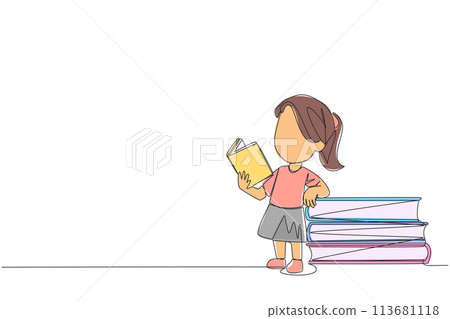 Continuous one line drawing girl standing reading a book while leaning against a pile of large books. Hobby of reading anywhere. Very happy when reading. Single line draw design vector illustration Continuous one line drawing girl standing reading a book while leaning against a pile of large books. Hobby of reading anywhere. Very happy when reading. Single line draw design vector illustration 113681118