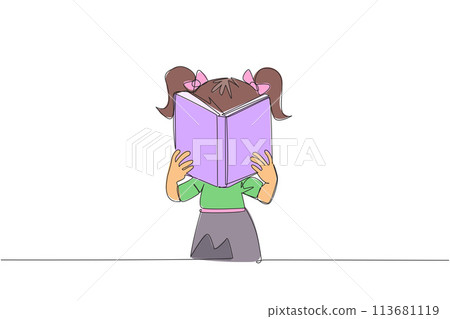 Single continuous line drawing girl seriously reading a book until cover the face. Nervous when facing the final exams. Try to focus. Reading increases insight. One line design vector illustration Single continuous line drawing girl seriously reading a book until cover the face. Nervous when facing the final exams. Try to focus. Reading increases insight. One line design vector illustration 113681119