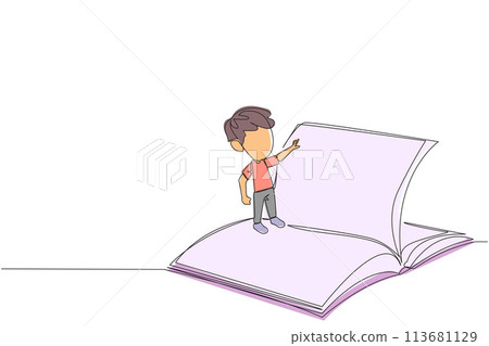 Single one line drawing boy standing over open ledger turning the pages. Read slowly to understand the contents of each page. Reading increases insight. Continuous line design graphic illustration 113681129