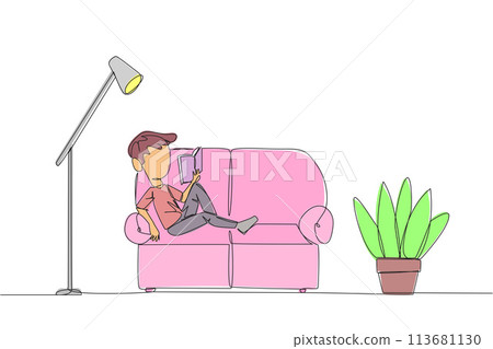 Continuous one line drawing boy sitting stretched out on the sofa reading a book. Really like the content of the book reading on each page. Impressive. Single line draw design vector illustration 113681130