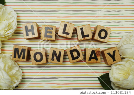 Hello Monday alphabet letters on colorful stripes background Hello Monday alphabet letters on colorful stripes background 113681184