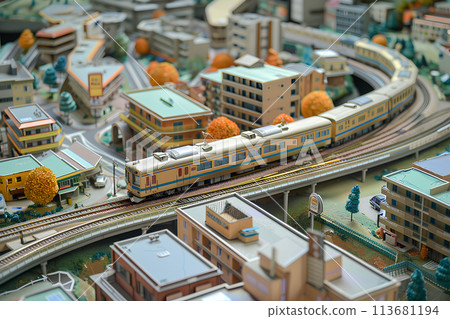 Scenery of a train running through the city (diorama style) 113681194
