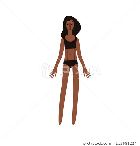Flat Latino woman in underwear. Brown skin person with black hair in cartoon style for multinational and diversity designs. Vector illustration. Flat Latino woman in underwear. Brown skin person with black hair in cartoon style for multinational and diversity designs. Vector illustration. 113681224