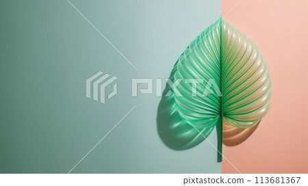 Monstera deliciosa Leaf on the Pastel Background with Creative Copy Space Summer Vacation Concept. 113681367