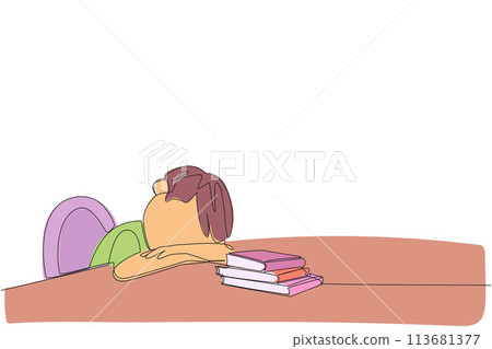 Single continuous line drawing boy asleep at the table where there were piles of books. Tired after successfully finishing the favorite reading book. Love read. One line design vector illustration 113681377