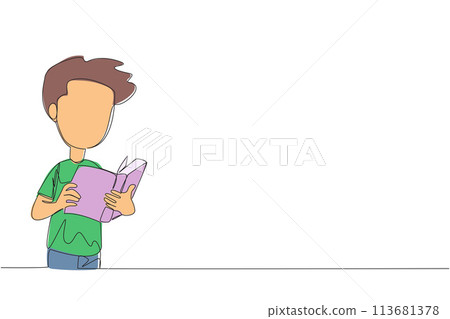 Single one line drawing boy focused on reading. Try to find answers to the tasks given. Seek more knowledge. Reading increases insight. Happy reading. Continuous line design graphic illustration Single one line drawing boy focused on reading. Try to find answers to the tasks given. Seek more knowledge. Reading increases insight. Happy reading. Continuous line design graphic illustration 113681378