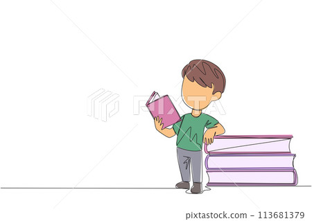 Continuous one line drawing boy standing reading a book while leaning against a pile of large books. Hobby of reading anywhere. Very happy when reading. Single line draw design vector illustration 113681379