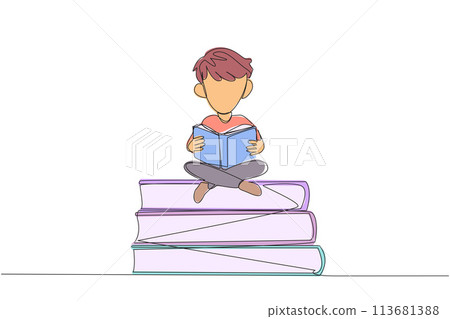 Single continuous line drawing boy sitting cross-legged on pile of large books. Reading comic. Reading textbook. Read scientific journals. Reading increase insight. One line design vector illustration Single continuous line drawing boy sitting cross-legged on pile of large books. Reading comic. Reading textbook. Read scientific journals. Reading increase insight. One line design vector illustration 113681388