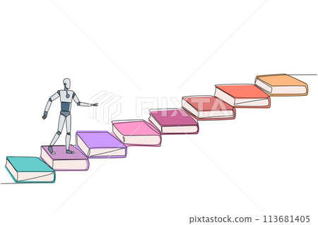 Single continuous line drawing smart robot climb stairs from book. Reading increases knowledge which can increase the dignity of better life. Book festival concept. One line design vector illustration 113681405