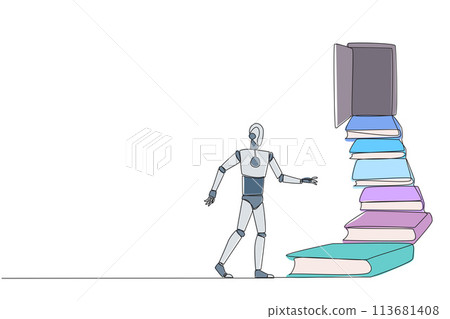Continuous one line drawing robot climb stairs from the book stack. Towards the wide open door. Metaphor of finding the answers from books. Book festival. Single line draw design vector illustration 113681408