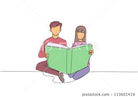 Single continuous line drawing man woman sitting reading standing book. Enthusiasm that never goes away. Very happy when reading story books. Book festival concept. One line design vector illustration 113681419