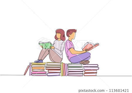 Continuous one line drawing man woman sitting relax reading book on pile of books. Relax while reading fiction books. Enjoy the storyline. Book festival concept. Single line design vector illustration 113681421