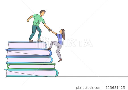 Single continuous line drawing man helps woman climb a pile of books. The concept of helping each other to succeed together. Knowledge source book. Book festival. One line design vector illustration 113681425