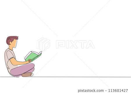 Continuous one line drawing man sitting reading book. The new hobby of reading books helps to relax. One book one day. Good habits. Book festival concept. Single line draw design vector illustration Continuous one line drawing man sitting reading book. The new hobby of reading books helps to relax. One book one day. Good habits. Book festival concept. Single line draw design vector illustration 113681427