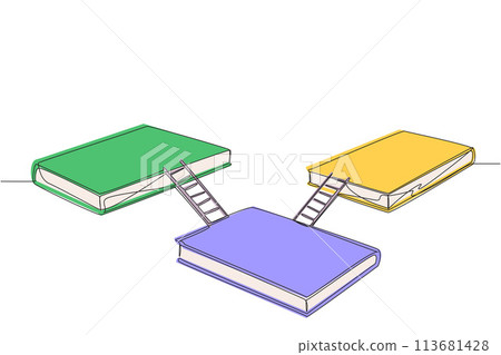 Single continuous line drawing three large books connected by stairs. Expo exhibition stage. Booth for exhibiting books. Book festival at outer space. Galaxy stage. One line design vector illustration Single continuous line drawing three large books connected by stairs. Expo exhibition stage. Booth for exhibiting books. Book festival at outer space. Galaxy stage. One line design vector illustration 113681428