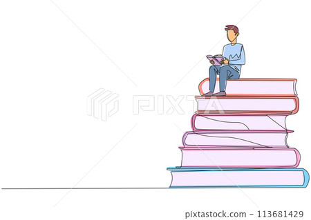 Single one line drawing happy man sitting on a pile of books reading a book. High interest in reading. Opening horizons of thinking. Book festival concept. Continuous line design graphic illustration Single one line drawing happy man sitting on a pile of books reading a book. High interest in reading. Opening horizons of thinking. Book festival concept. Continuous line design graphic illustration 113681429