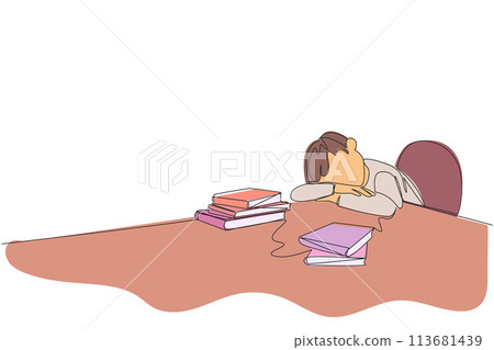 Continuous one line drawing man asleep at the table where there were piles of books. Tired after successfully finish the favorite reading book. Love read. Single line draw design vector illustration 113681439