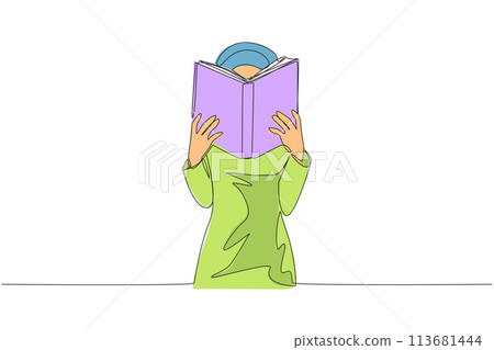 Single continuous line drawing Arab woman seriously reading book until cover the face. Nervous when facing the final exams. Try to focus. Reading increase insight. One line design vector illustration 113681444