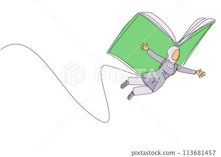 Continuous one line drawing Arab woman flying with wings that come from open big book. The metaphor carried away with the storyline. Constructive fantasy. Single line draw design vector illustration 113681457