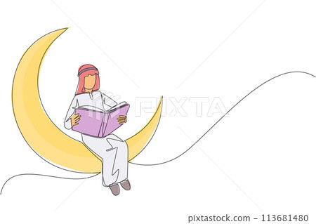 Single one line drawing Arab man sitting on crescent moon reading a book. Metaphor of reading a fairy story before sleeping. Read until late. Love reading. Continuous line design graphic illustration 113681480