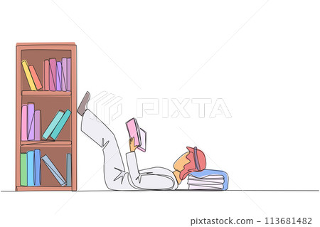 Continuous one line drawing Arab man lying on back reading fiction story book near bookcase. Read slowly to enjoy the storyline. Hobby reading. Very good habit. Single line design vector illustration 113681482