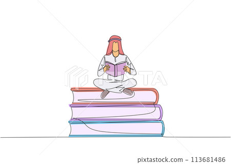 Single one line drawing Arab man sitting cross-legged on pile of large books. Read comic. Read textbook. Read scientific journal. Reading increase insight. Continuous line design graphic illustration Single one line drawing Arab man sitting cross-legged on pile of large books. Read comic. Read textbook. Read scientific journal. Reading increase insight. Continuous line design graphic illustration 113681486